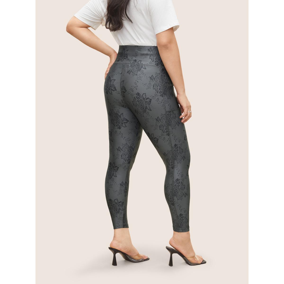 Plus Size Floral Print Elastic Waist Pocket Side Leggings Women DimGray Elegant High stretch High Rise Everyday Leggings BloomChic 10/M Product Image