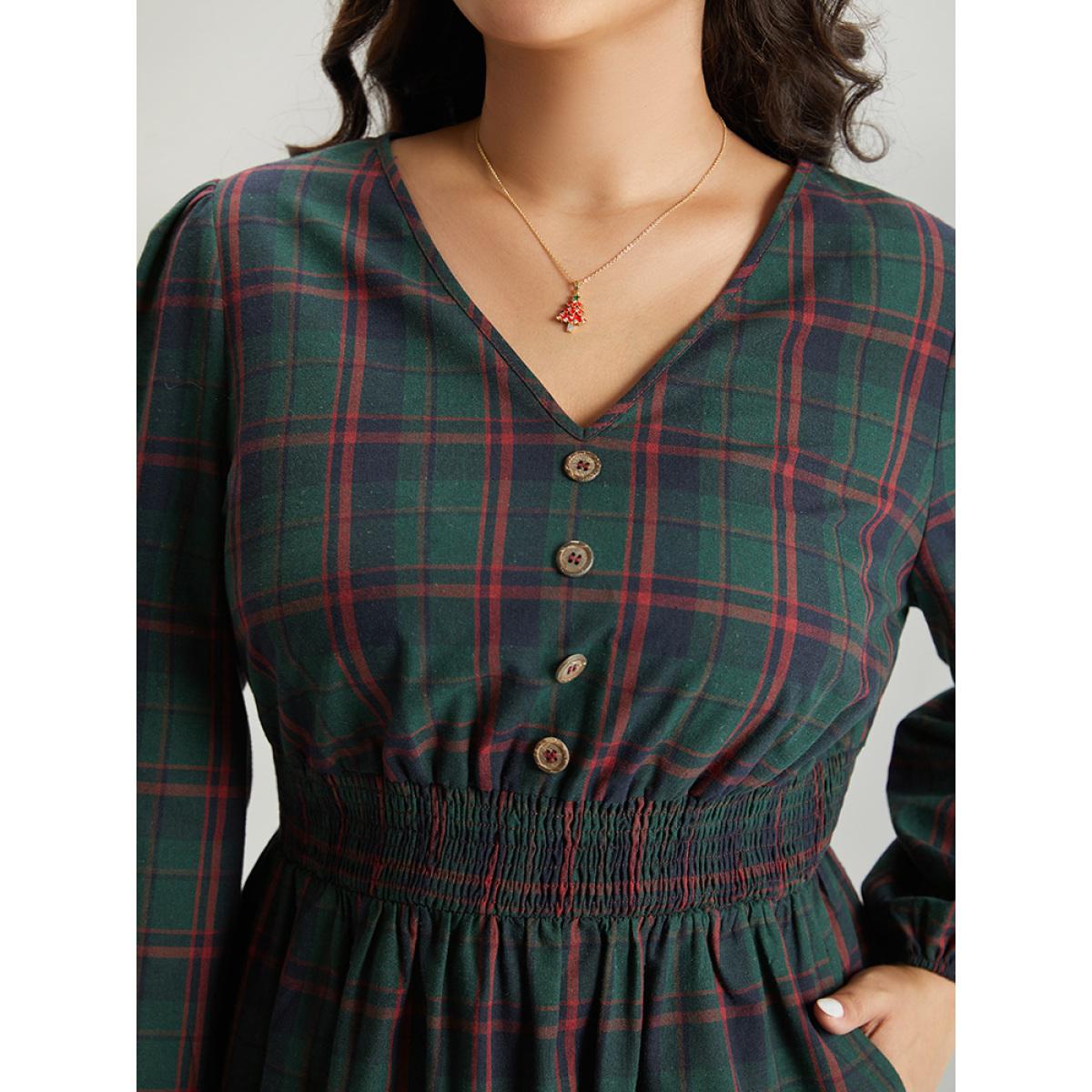 Plus Size Plaid Shirred Button Detail Ruffle Hem Dress Multicolor Women Office Elastic cuffs V-neck Long Sleeve Curvy Midi Dress BloomChic 18-20/2X Product Image