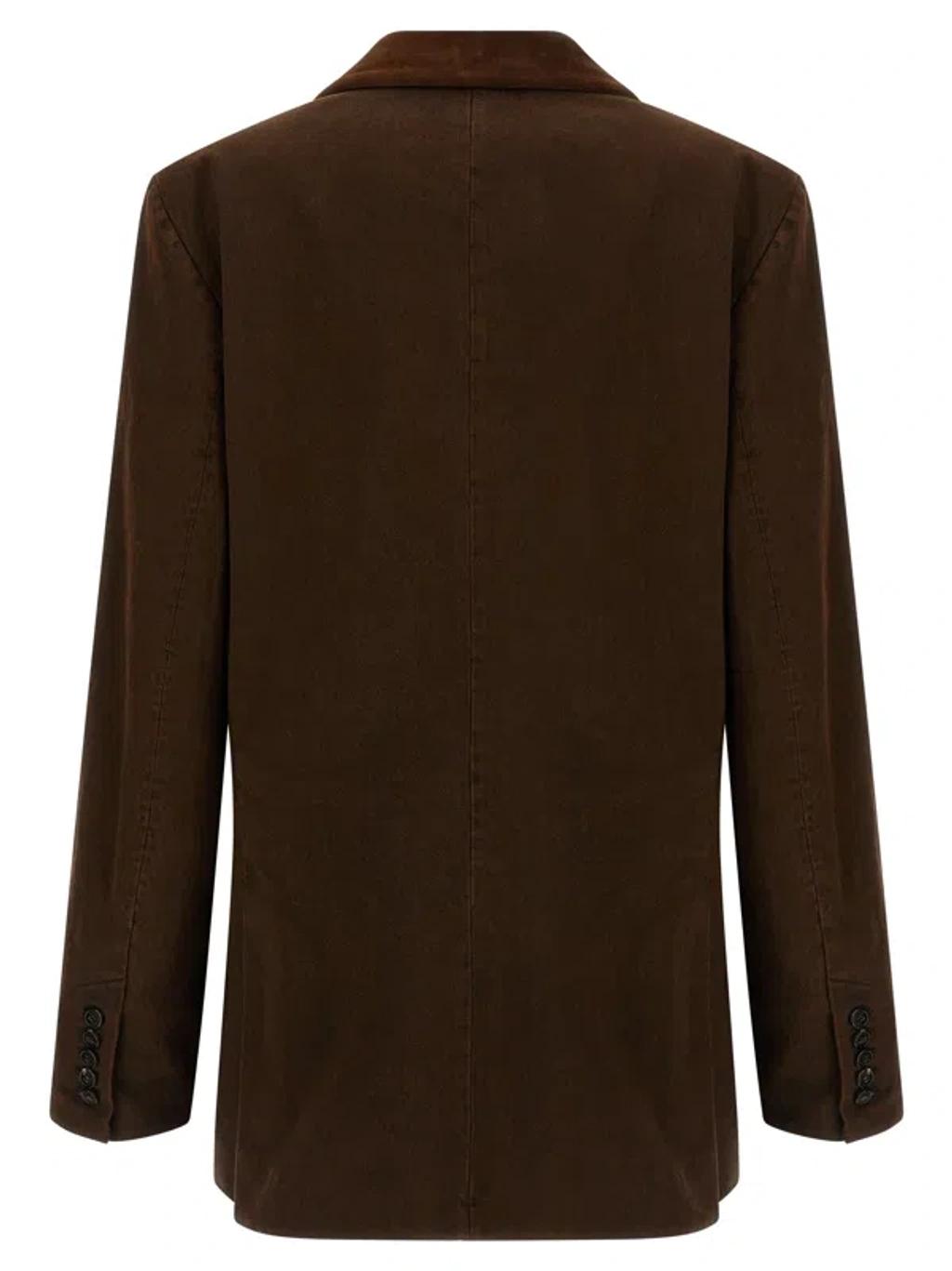 DRIES VAN NOTEN Bafya Velvet Trim Double Breasted Denim Blazer In Brown Product Image