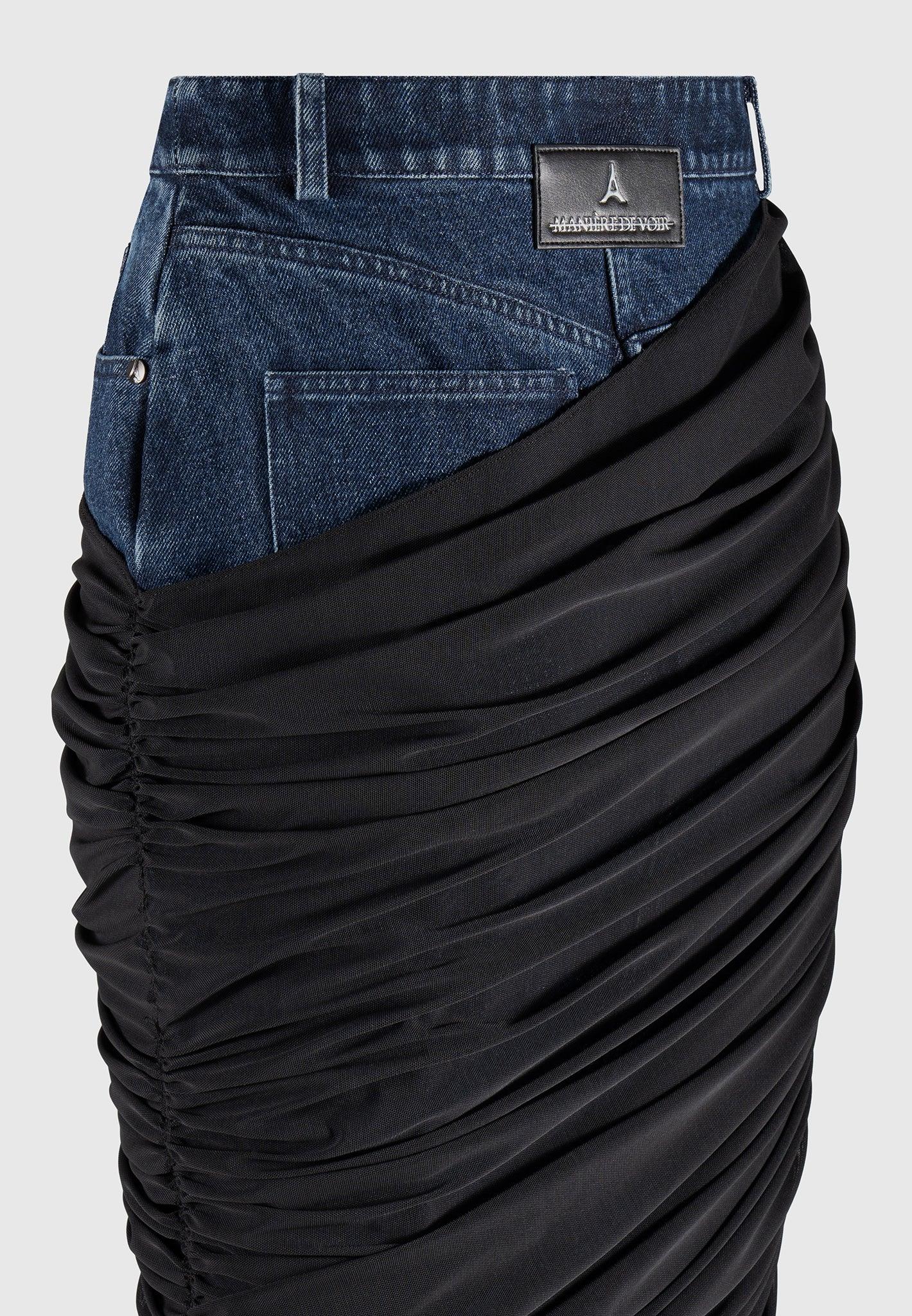 Draped Mesh Denim Maxi Skirt - Indigo Female Product Image