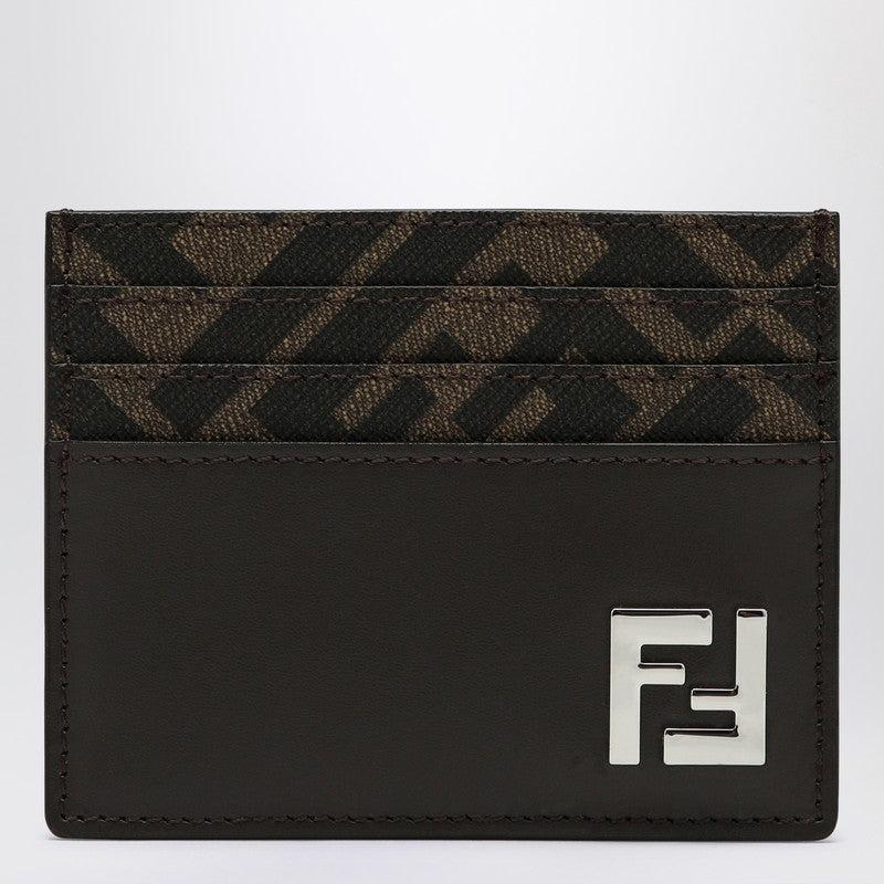 FENDI Brown Card-holder With Squared Ff Motif In Leather And Ff Canvas Man In Ebony Product Image