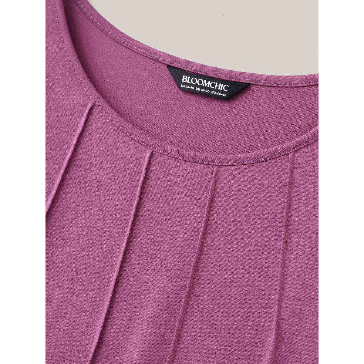 Plus Size Woven Plain Floral-Neckline Sleeveless Midi Dress Mauve Women At the Office Tucked seam Round Neck Elbow-length sleeve Curvy BloomChic 26/4X Product Image