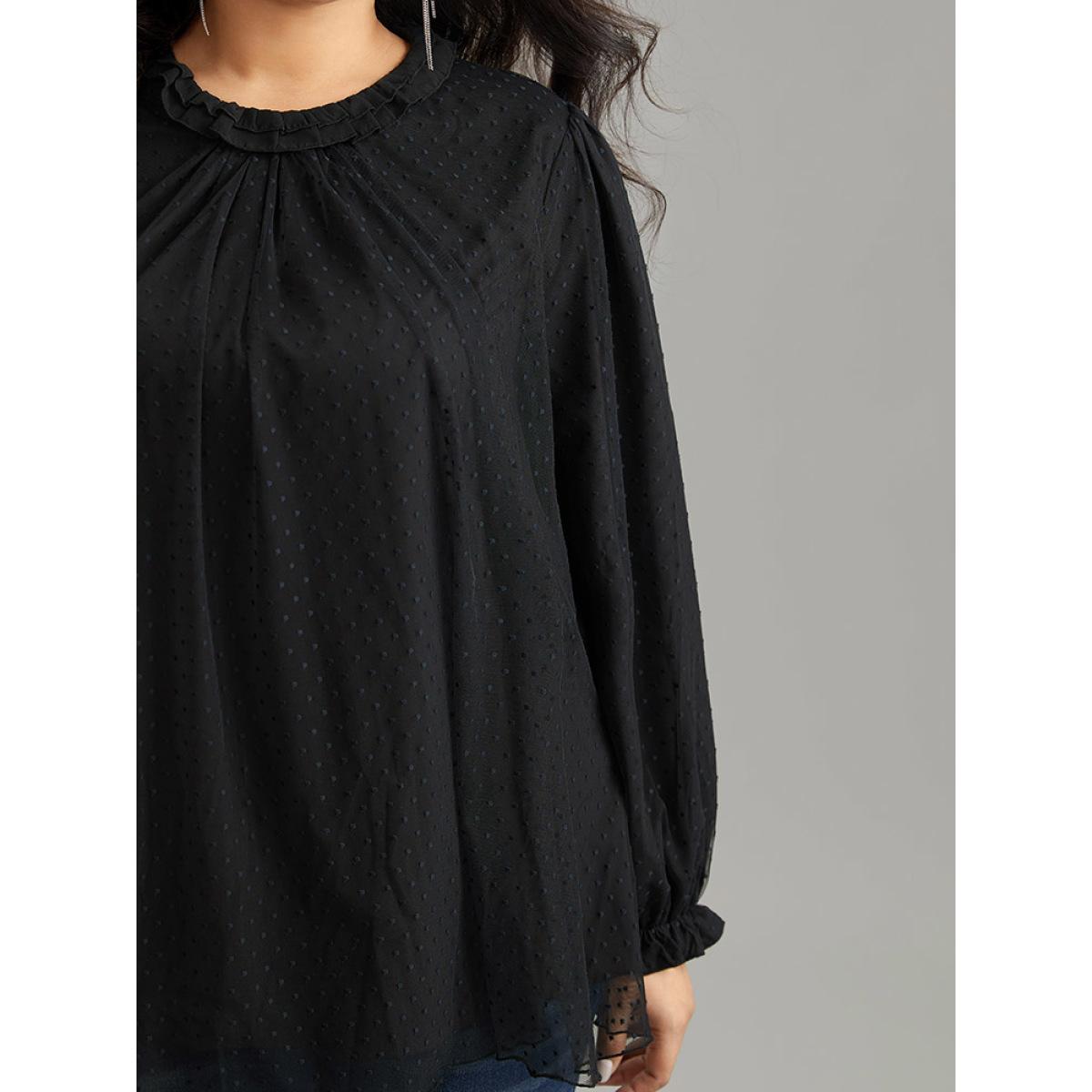 Plus Size Black Solid Ruffles Lace Patchwork Lantern Sleeve Blouse Women Glamour Long Sleeve Round Neck Going out Blouses BloomChic 14-16/1X Product Image