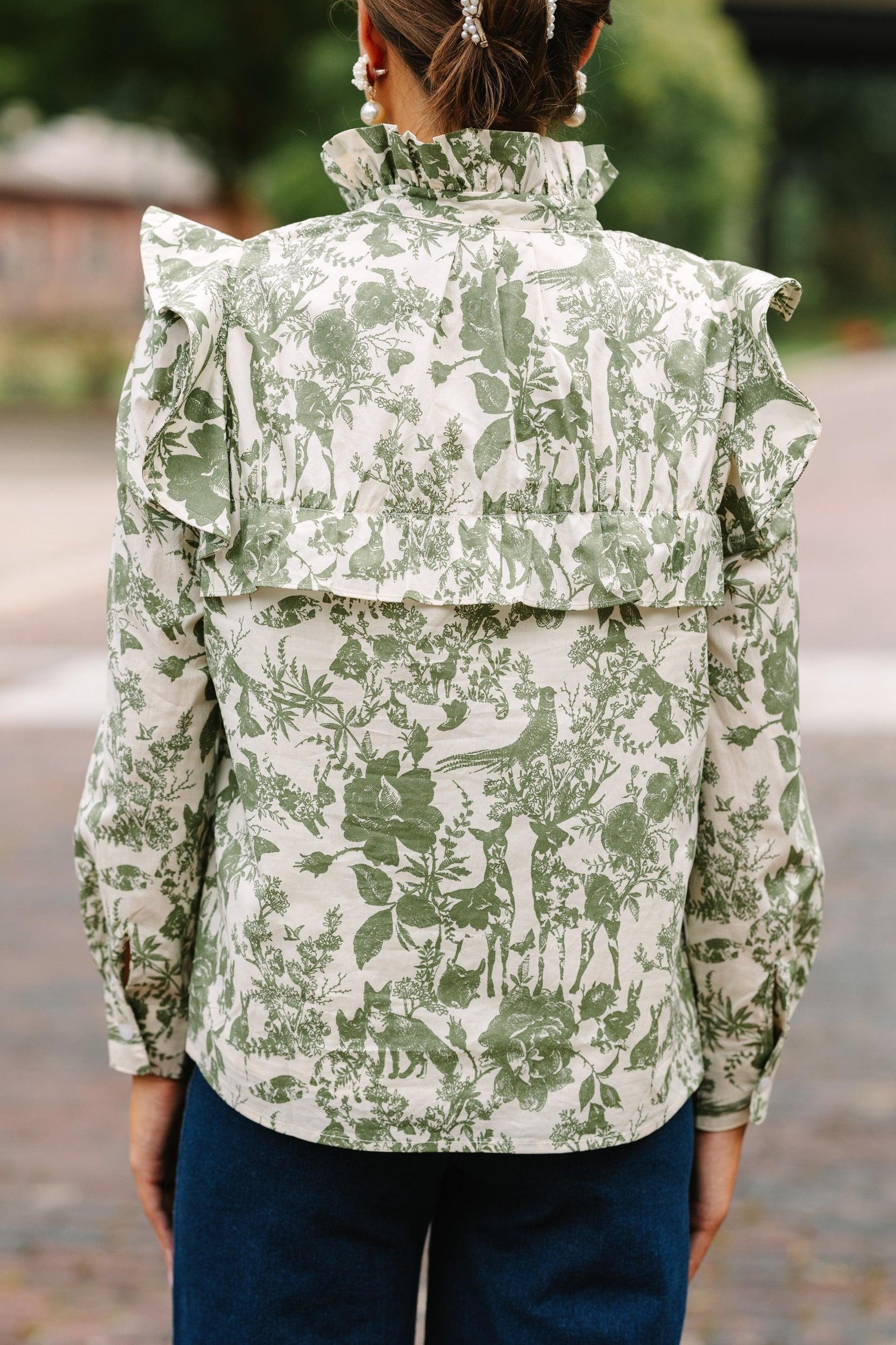 On Your Time Olive Green Toile Button Down Blouse Female Product Image
