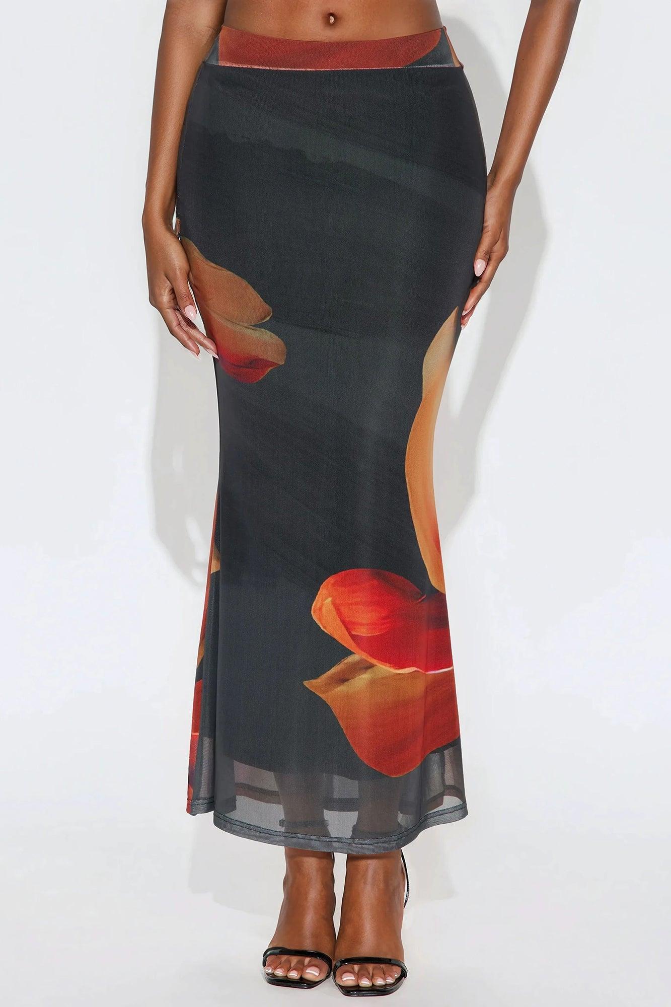 Into The Night Floral Mesh Maxi Skirt - Black/Orange Product Image