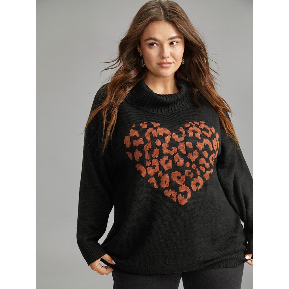 Plus Size Hreat Print Contrast Turtle Neck Pullover Black Women Casual Loose Long Sleeve Lapel Collar Dailywear Pullovers BloomChic 30/6X Product Image
