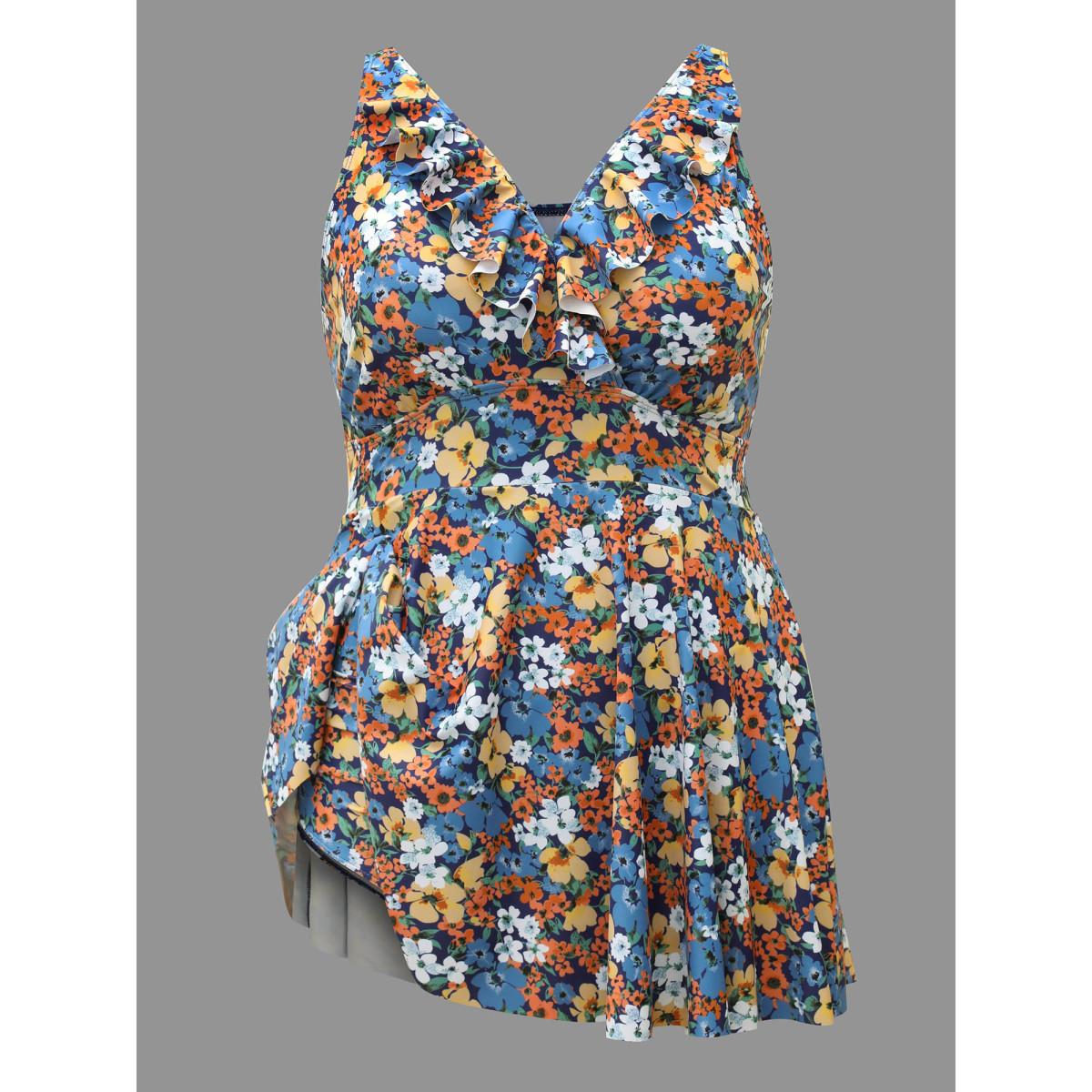 Plus Size Floral Ruffled Flared Swim Dress Women's Swimwear Multicolor Beach Bodycon Overlap Collar High stretch Curve Swim Dresses BloomChic 30/6X Product Image