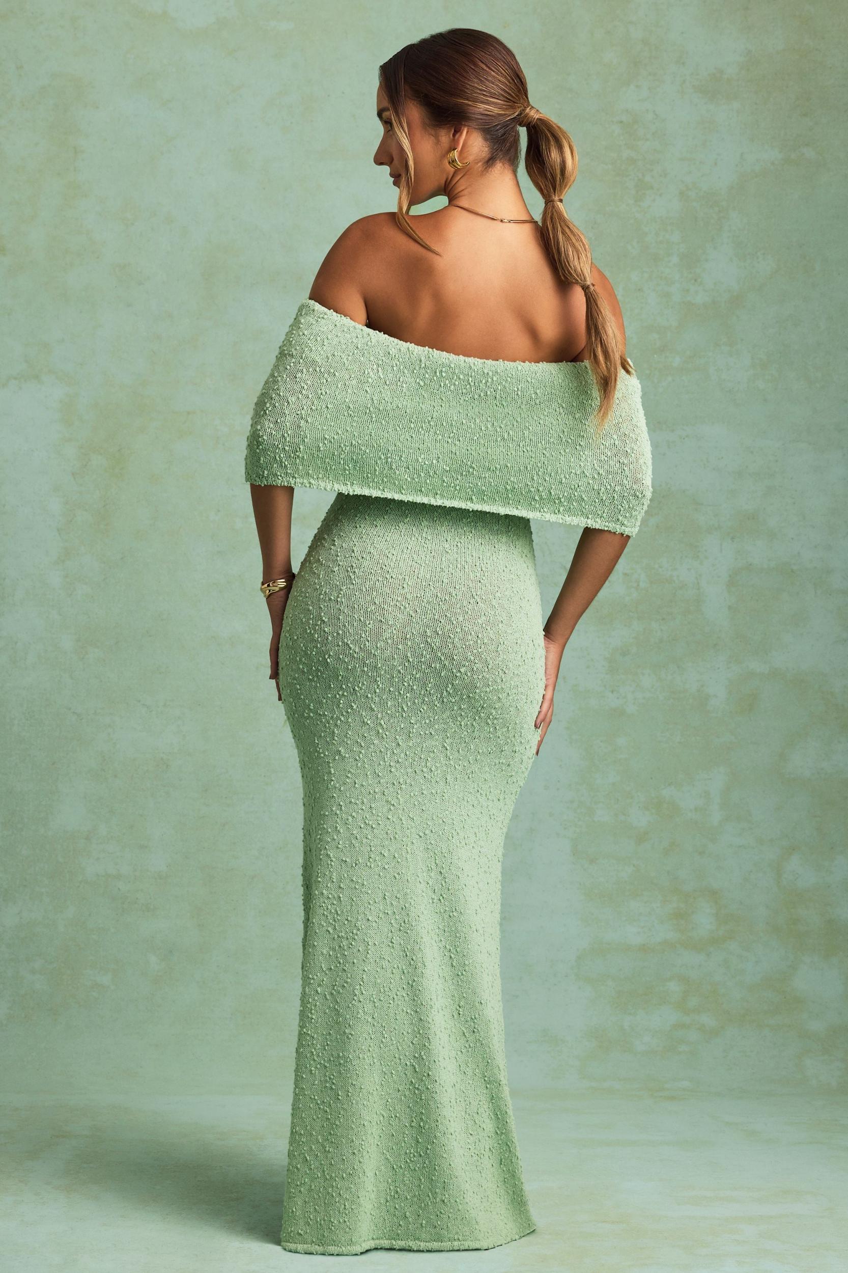 Bouclé Off-Shoulder Maxi Dress in Mint Girls Product Image