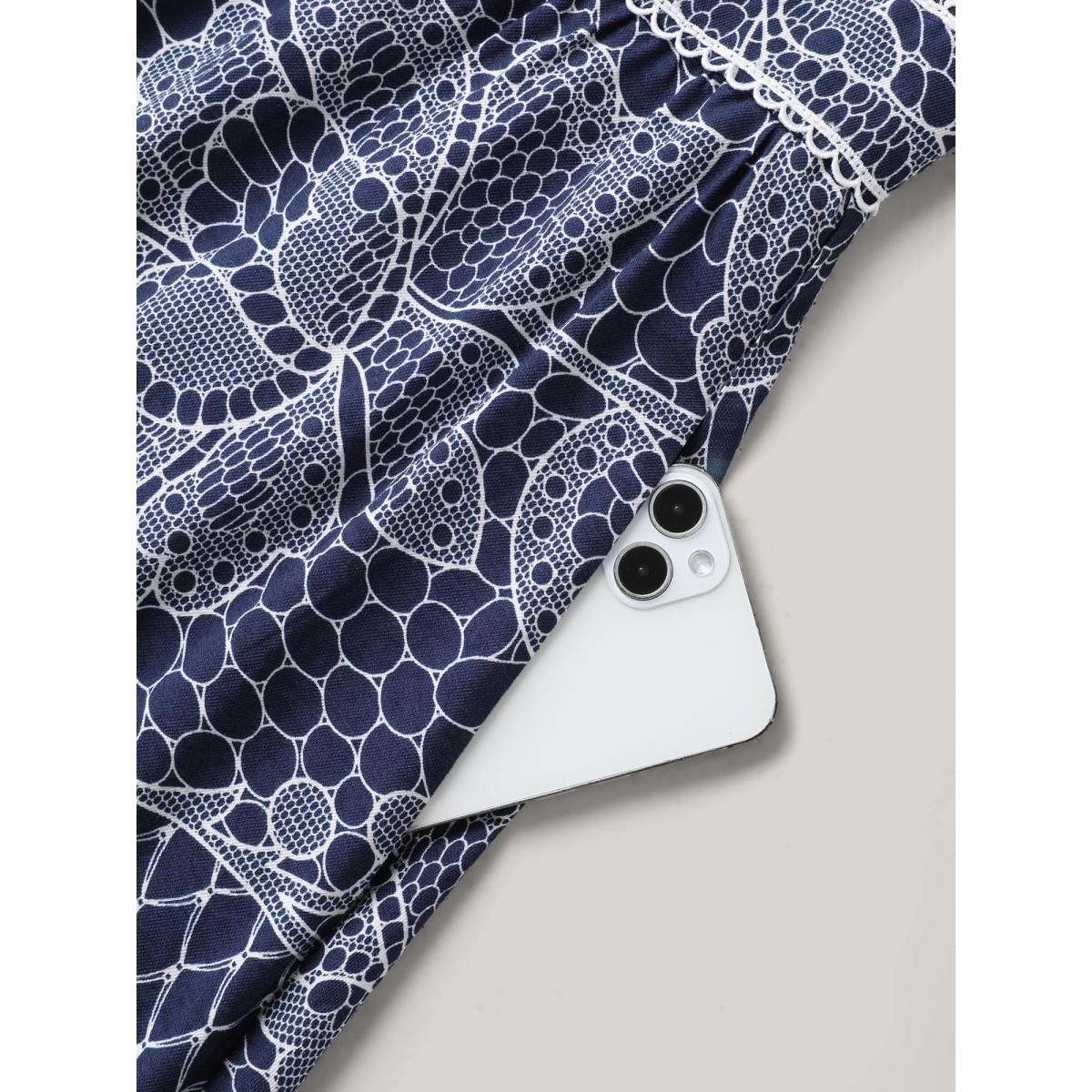 Plus Size Lace-Like Print Cinched-Waist Midi Dress Navy Women V-neck Sleeveless Curvy BloomChic 26/4X Product Image