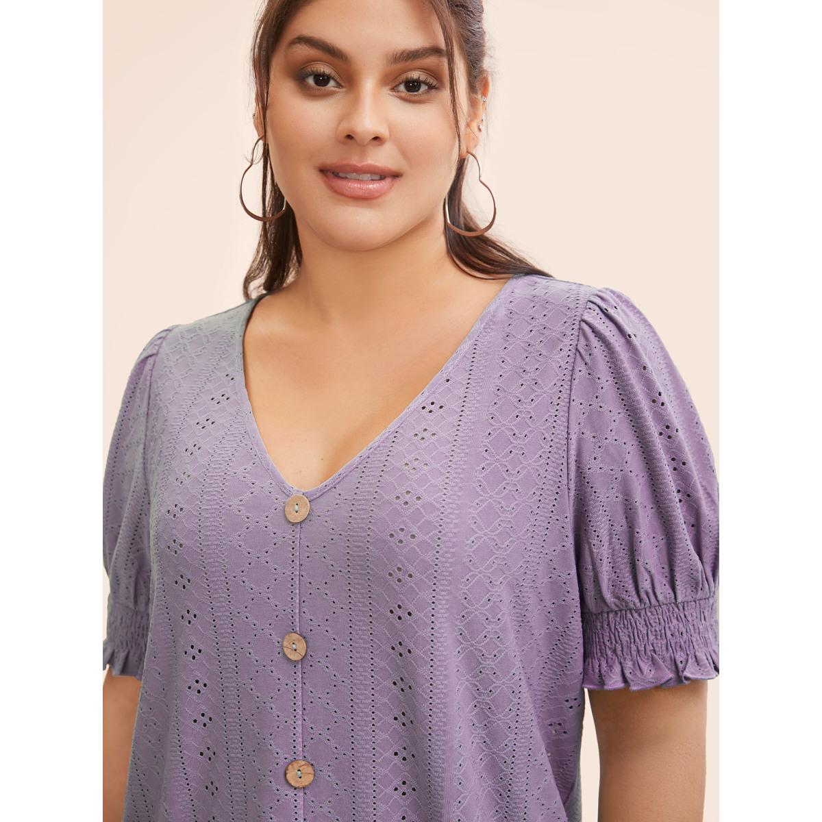 Plus Size Plain Broderie Anglaise Shirred Puff Sleeve Button Detail T-shirt Mauve Women Casual Button Plain V-neck Everyday T-shirts BloomChic 18-20/2X Product Image