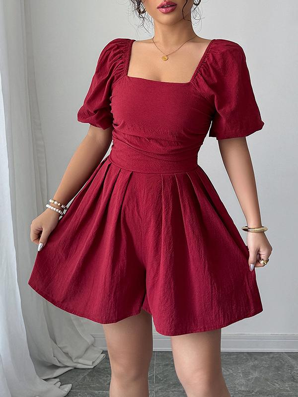 A-Line Half Sleeves Elasticity Pleated Solid Color Square-Neck Rompers Product Image