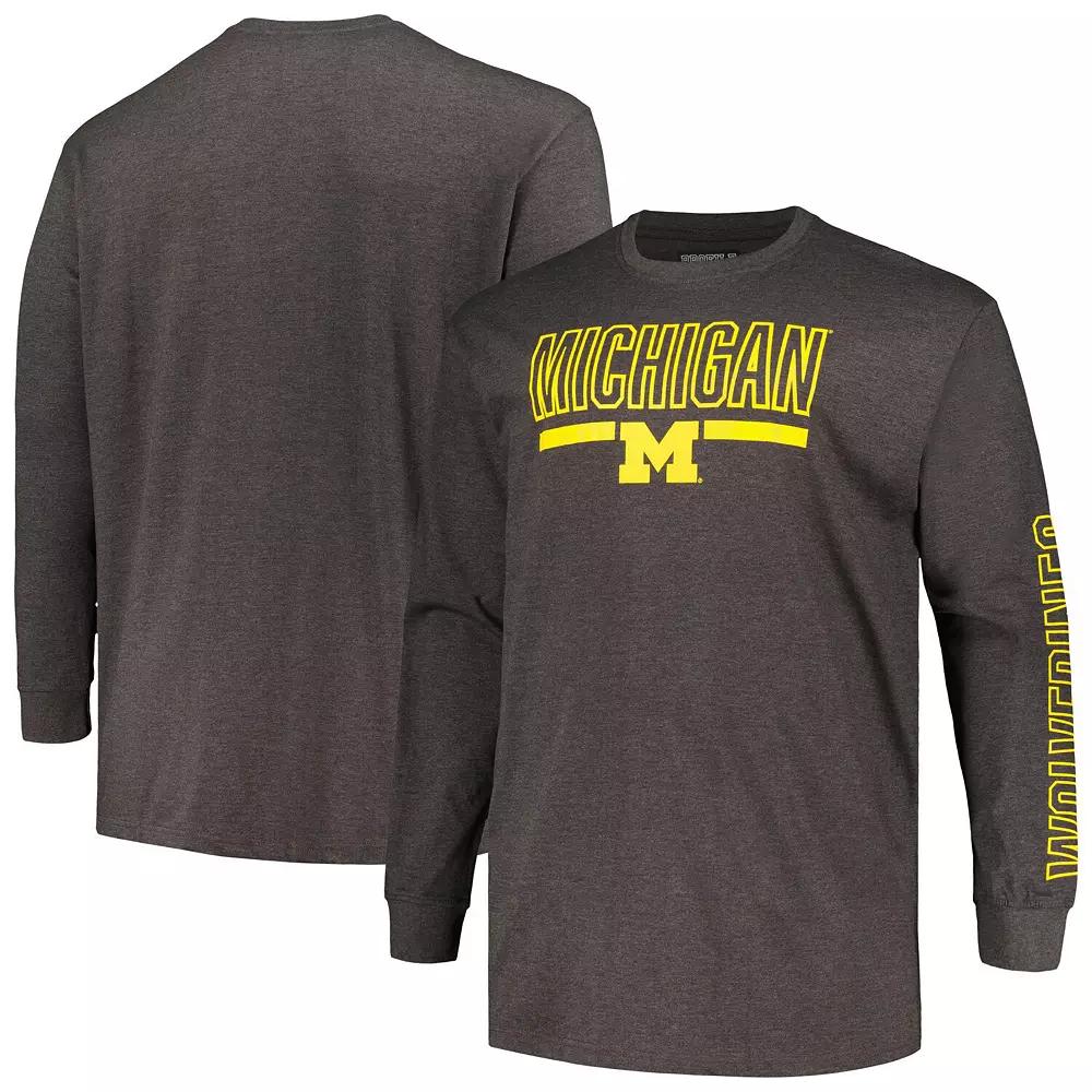 Men's Profile Heather Charcoal Michigan Wolverines Big & Tall Two-Hit Graphic Long Sleeve T-Shirt,  Product Image