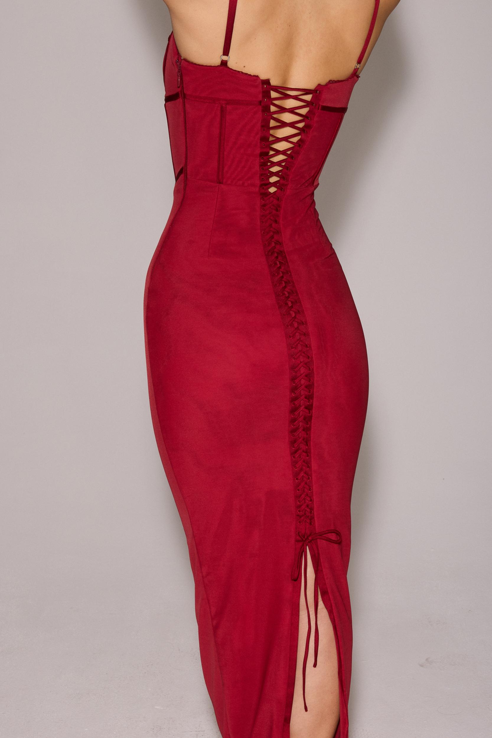 Romy  wine mesh bodycon maxi dress Product Image