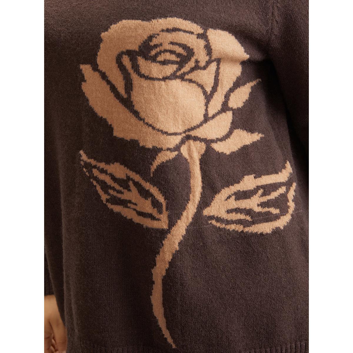 Plus Size Anti-Pilling Floral Graphic Crew Neck Pullover DarkBrown Women Casual Loose Long Sleeve Round Neck Dailywear Pullovers BloomChic 18-20/2X Product Image