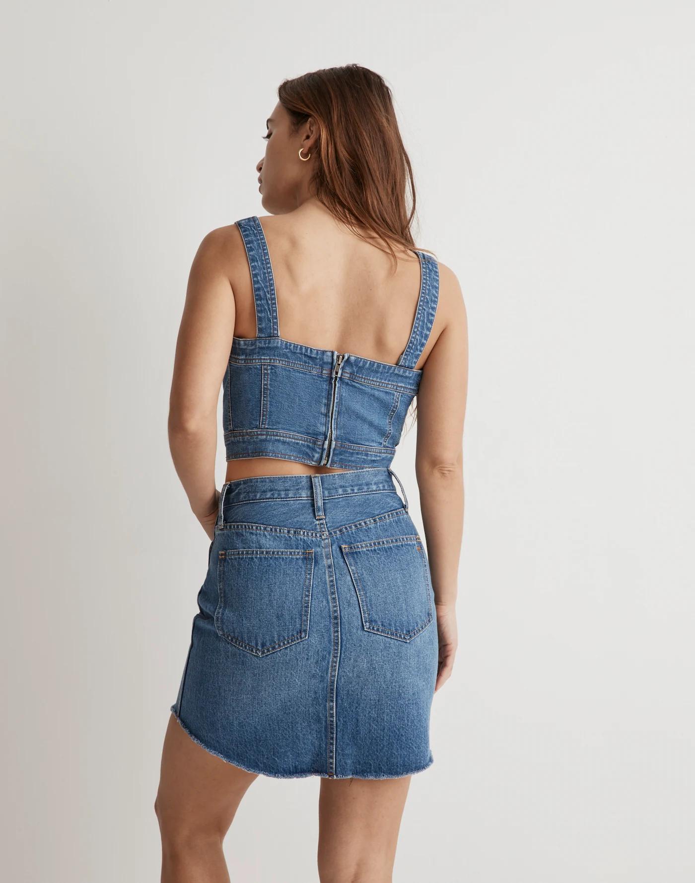 Denim Dolphin-Hem Mini Skirt in Harwell Wash Product Image