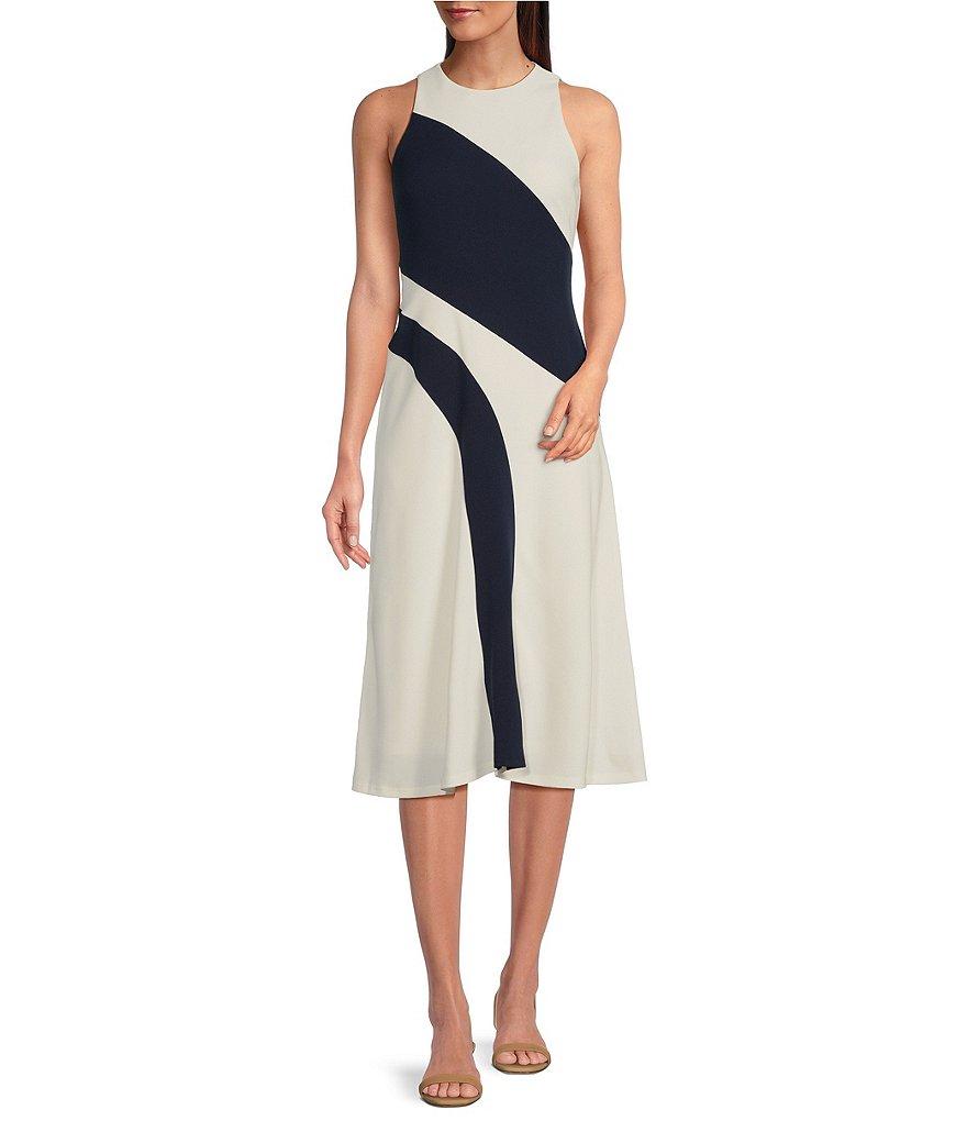 Maggy London Scuba Crepe Placement Print Crew Neck Sleeveless Sheath Midi Dress Product Image