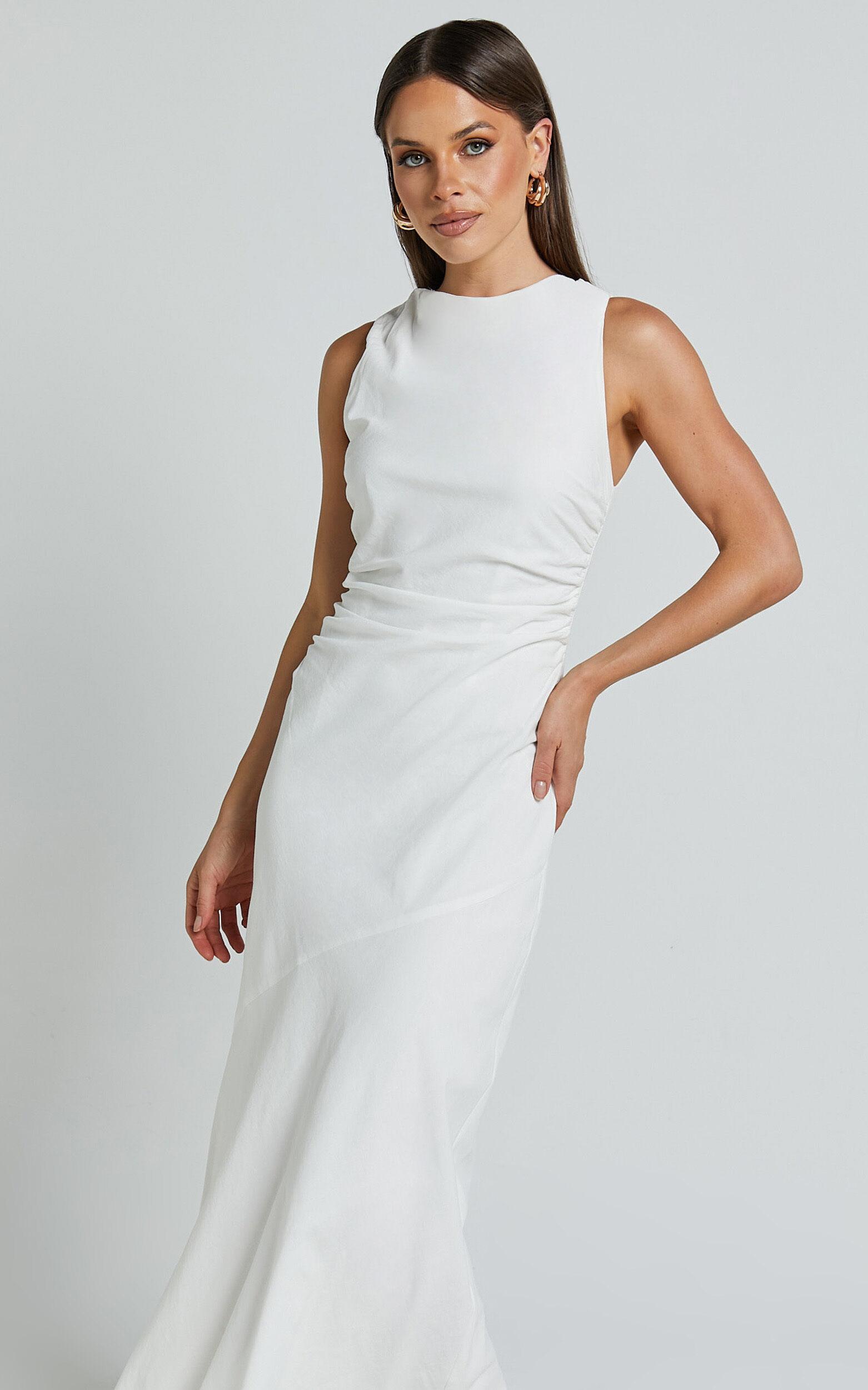 Sylvie Midi Dress - High Neck Flare Dress in White Product Image