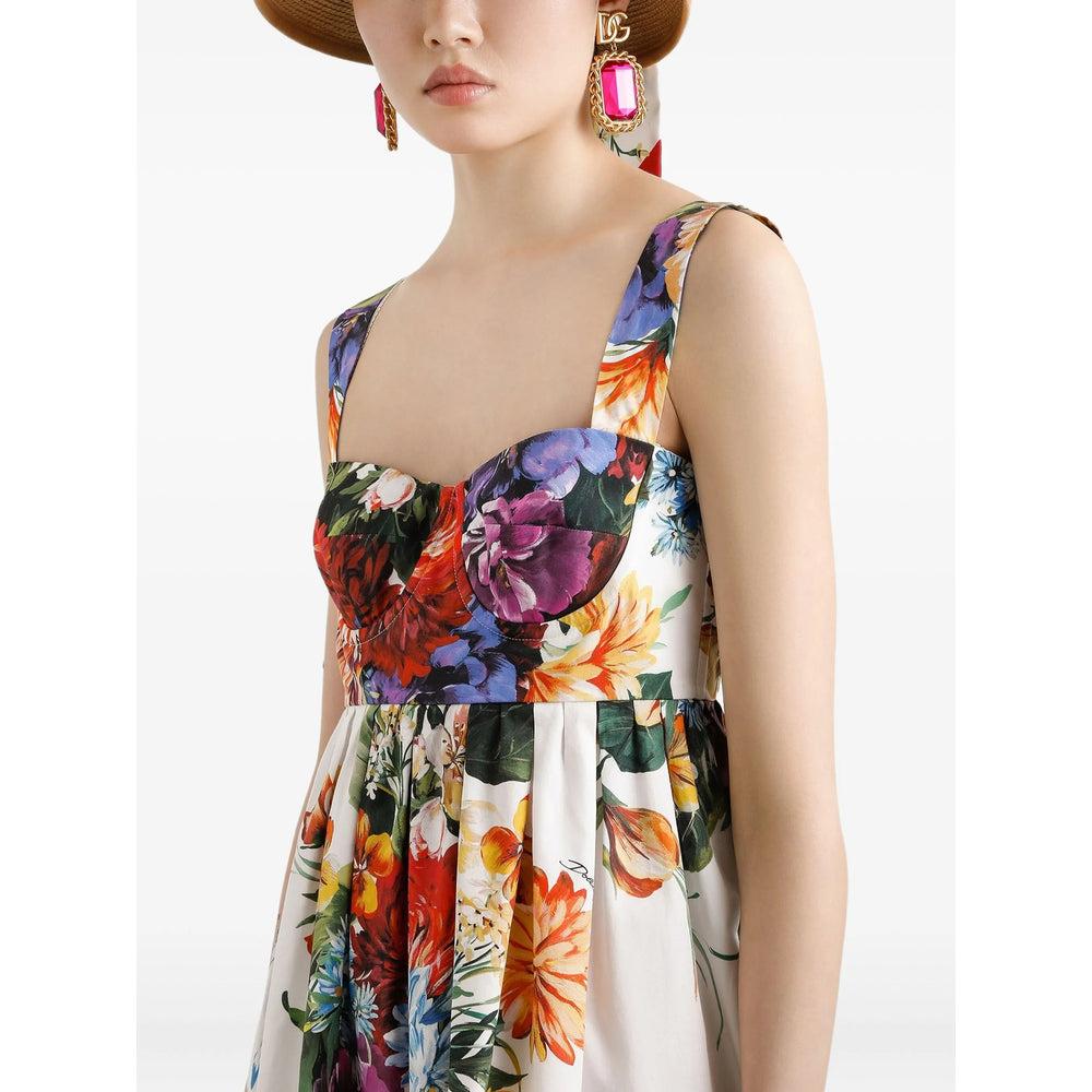 DOLCE & GABBANA Multicolor Sleeveless Dress With Bustier Style Neckline And All-over Floral Print In Cotton Woman Product Image