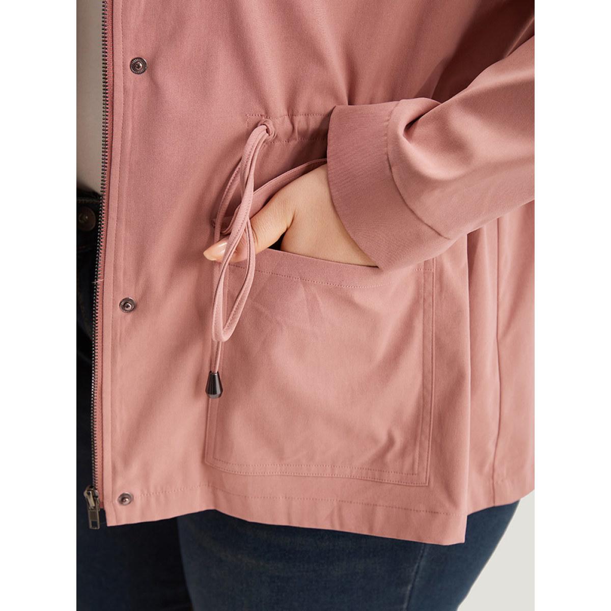 Plus Size Plain Pocket Button Through Drawstring Zipper Coat Women Rouge Plain Pocket Dailywear Jackets BloomChic 28/5X Product Image