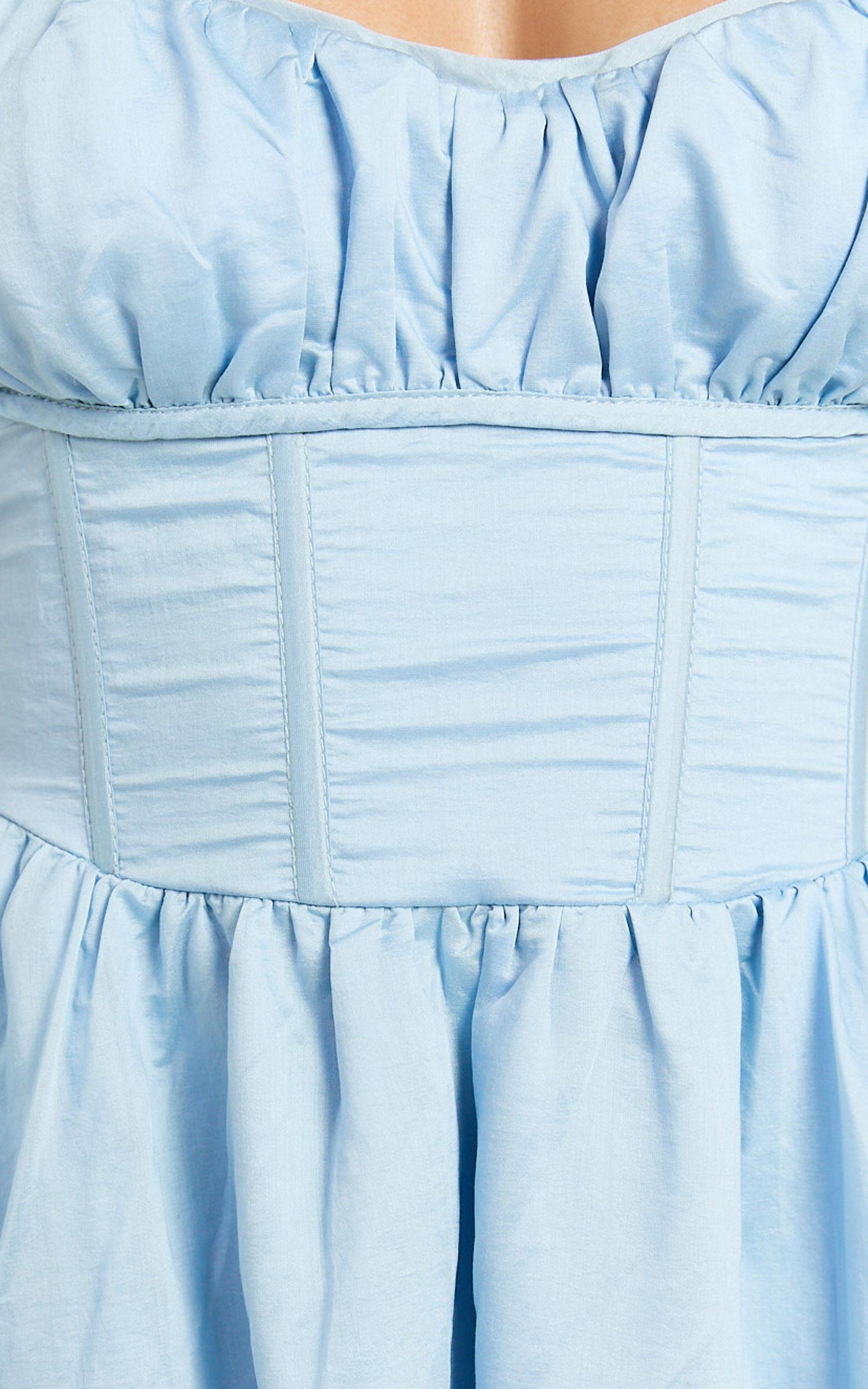 Dolores Midi Dress - Strappy Ruched Bust Corset Waist Dress in Blue Product Image