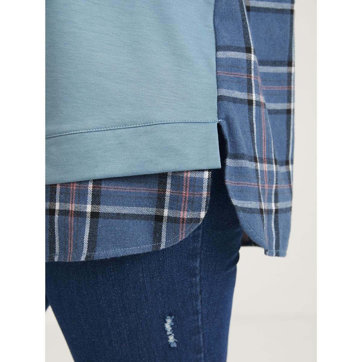 Plus Size Plaid Contrast Asymmetrical Drawstring Hooded Sweatshirt Women DarkBlue Casual Contrast Loose Hooded Dailywear Sweatshirts BloomChic 22-24/3X Product Image