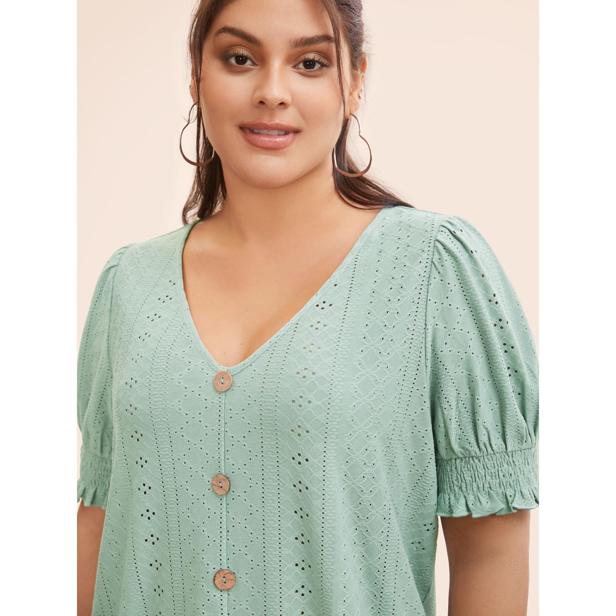 Plus Size Plain Broderie Anglaise Shirred Puff Sleeve Button Detail T-shirt Sage Women Casual Button Plain V-neck Everyday T-shirts BloomChic 26/4X Product Image