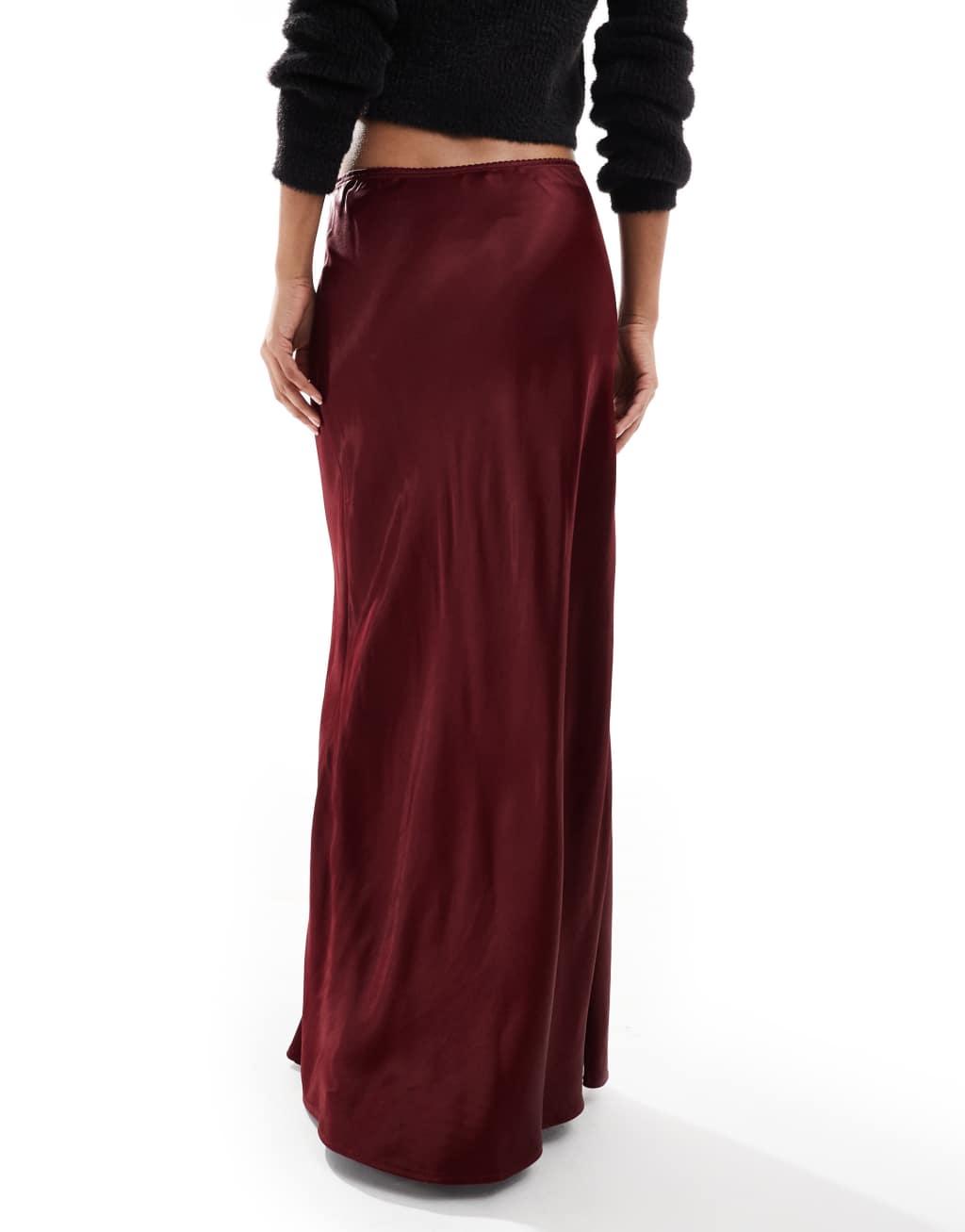 Miss Selfridge satin bias cut maxi skirt in burgundy Product Image