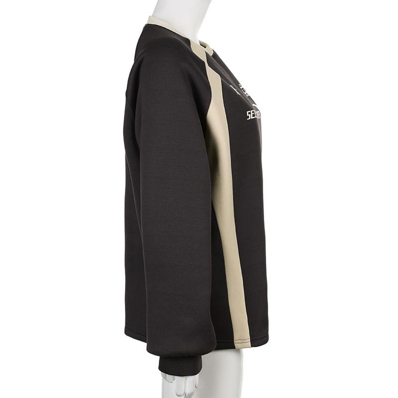 Crew Neck Lettering Print Raglan Fleece-Lined Sweatshirt Product Image