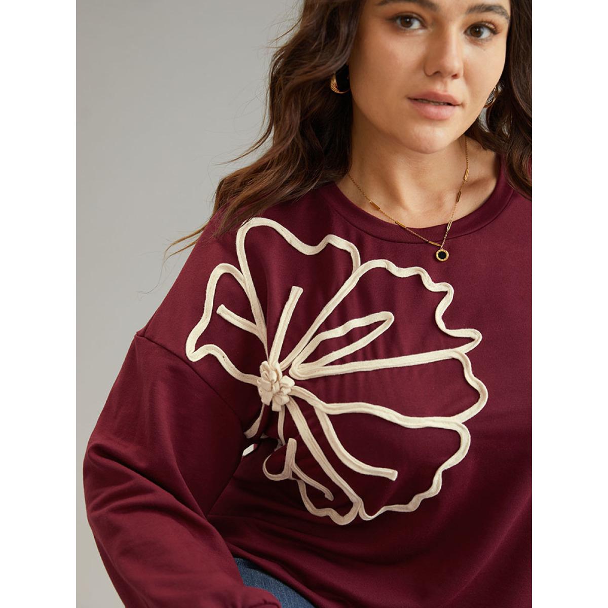 Plus Size 3D Floral Applique Drop Shoulder Sweatshirt Women Burgundy Elegant Contrast Round Neck Dailywear Sweatshirts BloomChic 26/4X Product Image