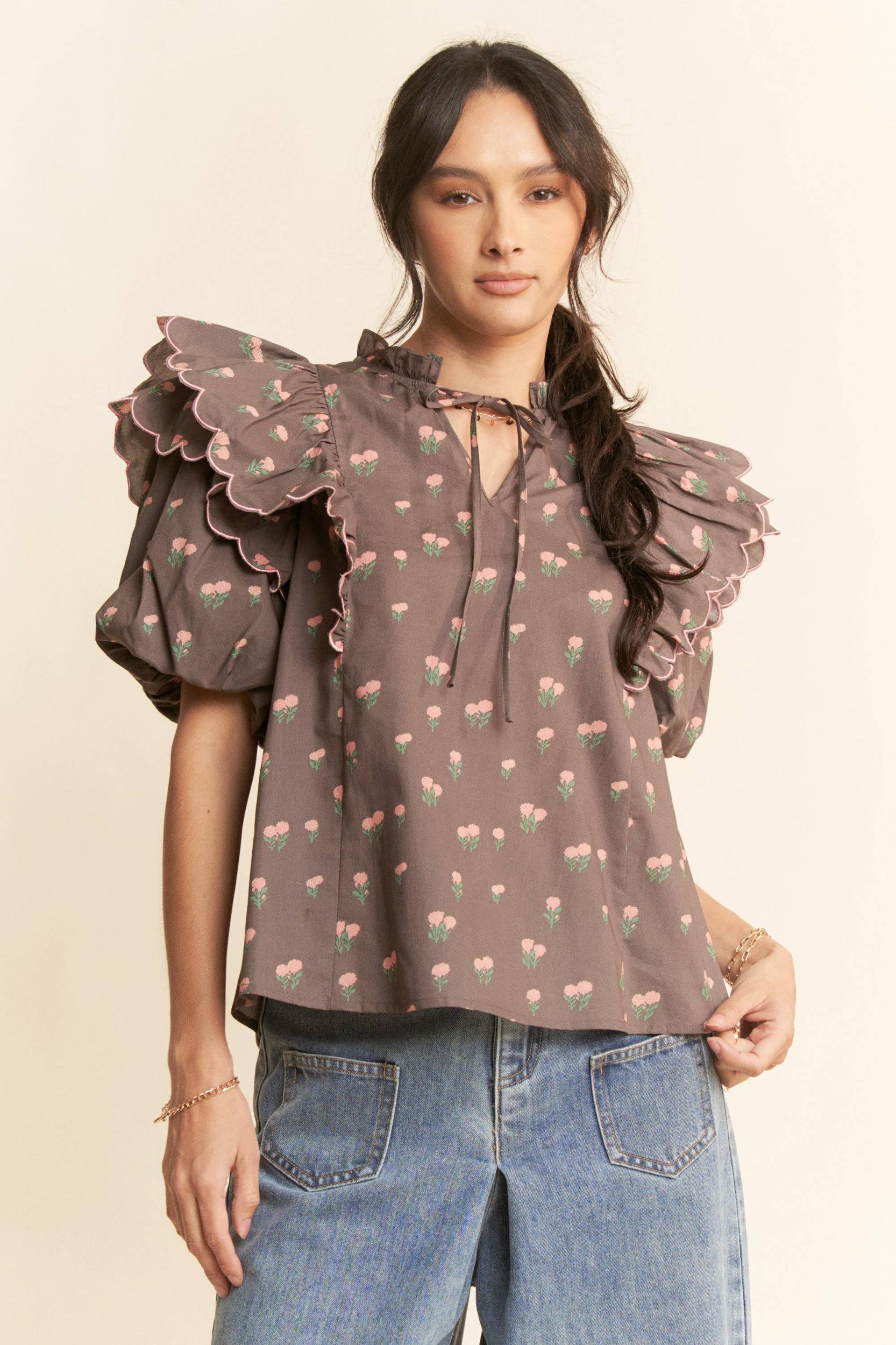 CONTRAST EDGE RUFFLE PUFF SLEEVE BLOUSE TOP: MOCHA BROWN Product Image