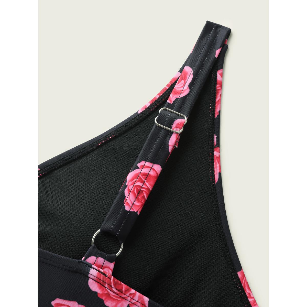 Plus Size Anti-Float Tie Rosy Print Swim Dress Women's Swimwear Black Beach Bodycon Overlap Collar High stretch Curve Swim Dresses BloomChic 30/6X Product Image