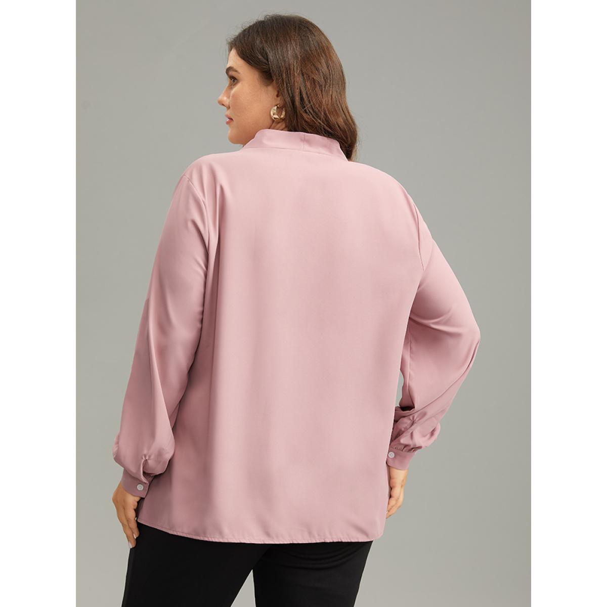 Plus Size DustyPink Plain Buckle Detail Pleated Blouse Women Office Long Sleeve V-neck Office Blouses BloomChic 12/L Product Image