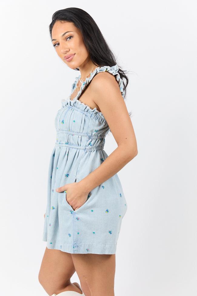 Big Sky Light Wash Denim Embroidered Romper FINAL SALE Product Image