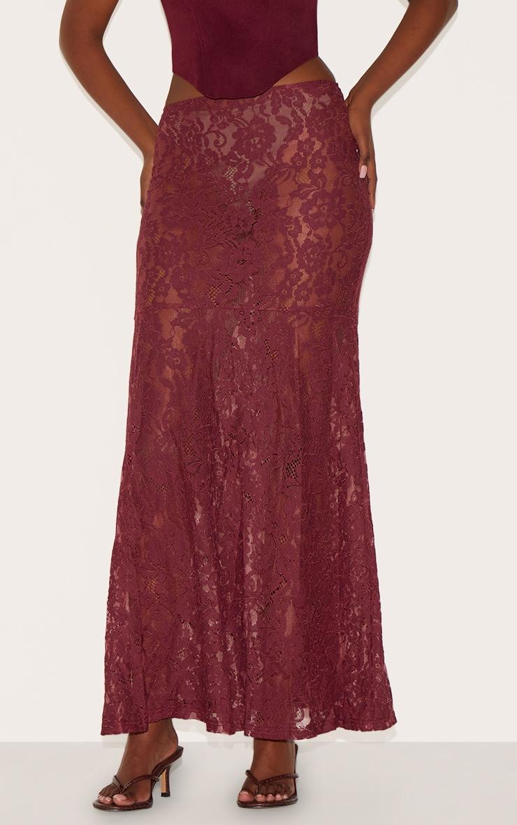 Plum Floral Lace Sheer Maxi Skirt Product Image