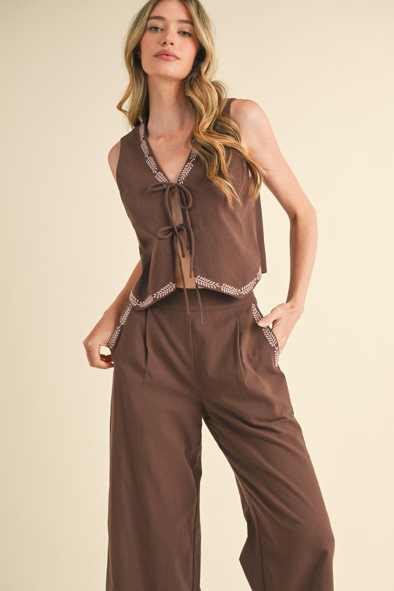 Embroidered Vest and Wide Leg Pants Set Product Image