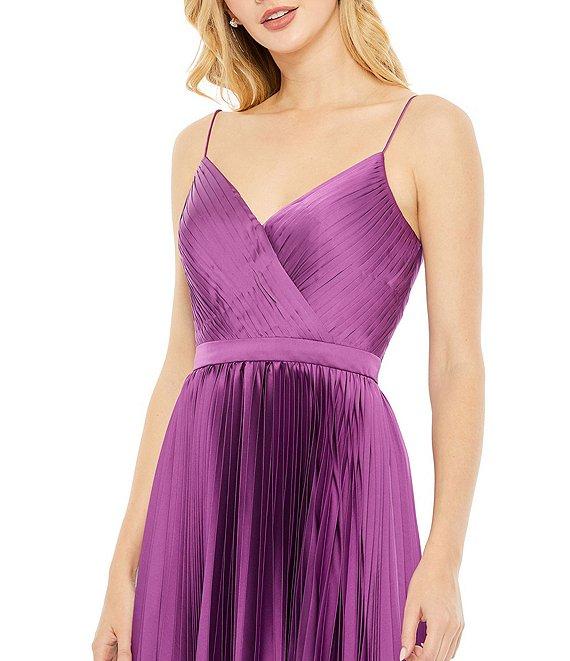 Mac Duggal Satin Surplice V-Neck Sleeveless Flowy Pleated Midi Dress Product Image