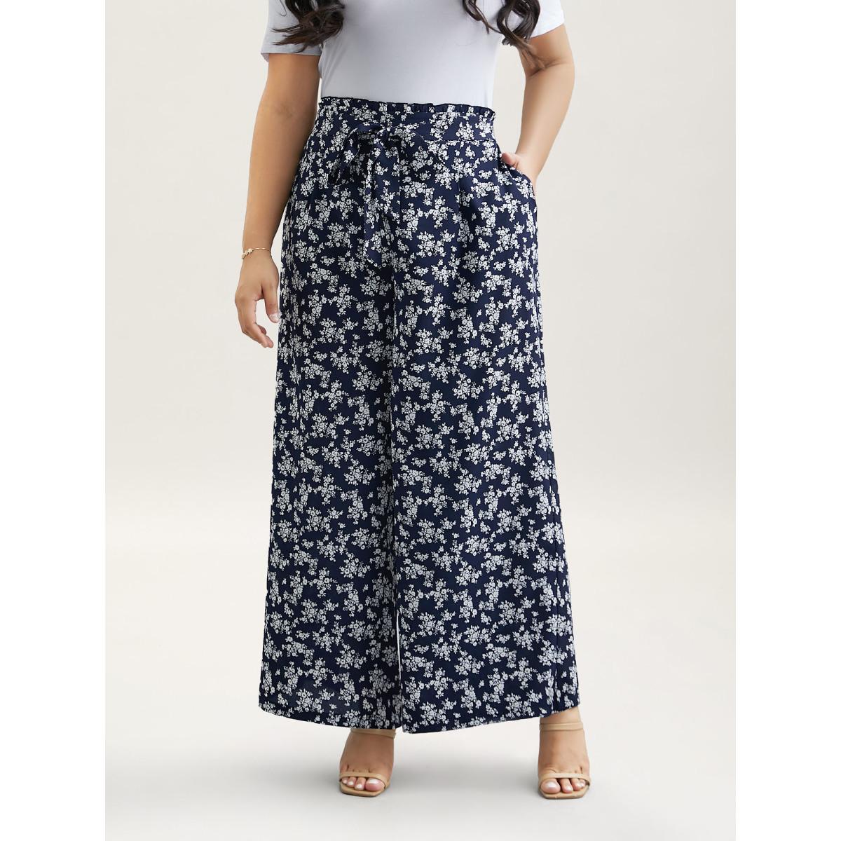 Plus Size Floral Print Waist Stretchy Wide Leg Pants Women Indigo Leisure Wide Leg Mid Rise Casual Pants BloomChic 10/M Product Image