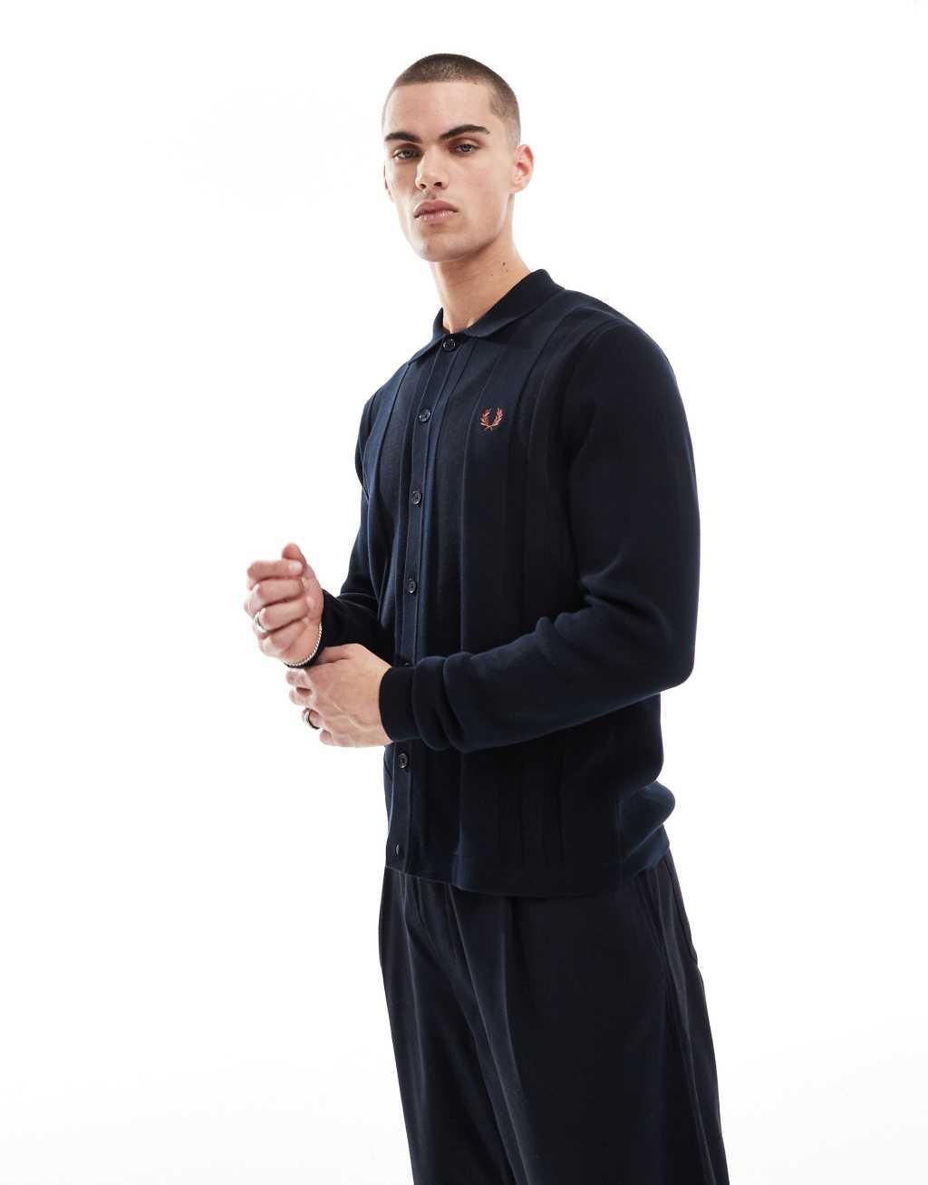Fred Perry long sleeve knitted button through shirt in navy Product Image