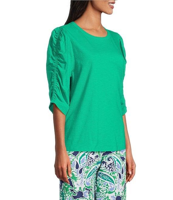 Investments Petite Size 3/4 Ruched Sleeve Crew Neck Top Product Image