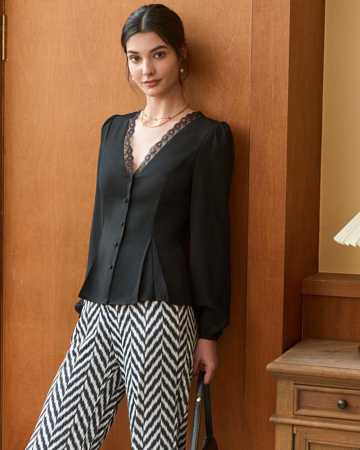 The Black V Neck Lace Trim Button Blouse Product Image