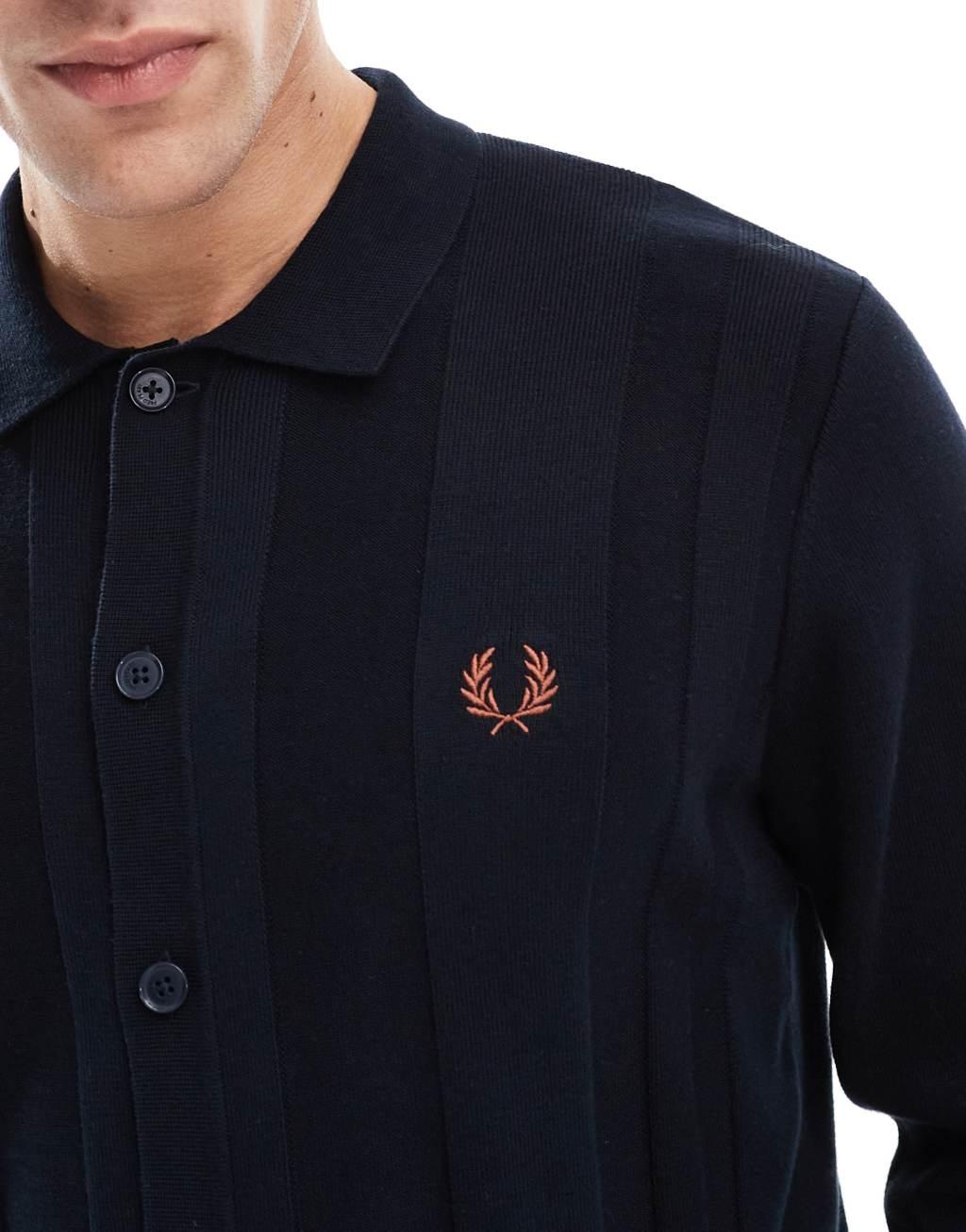Fred Perry long sleeve knitted button through shirt in navy Product Image