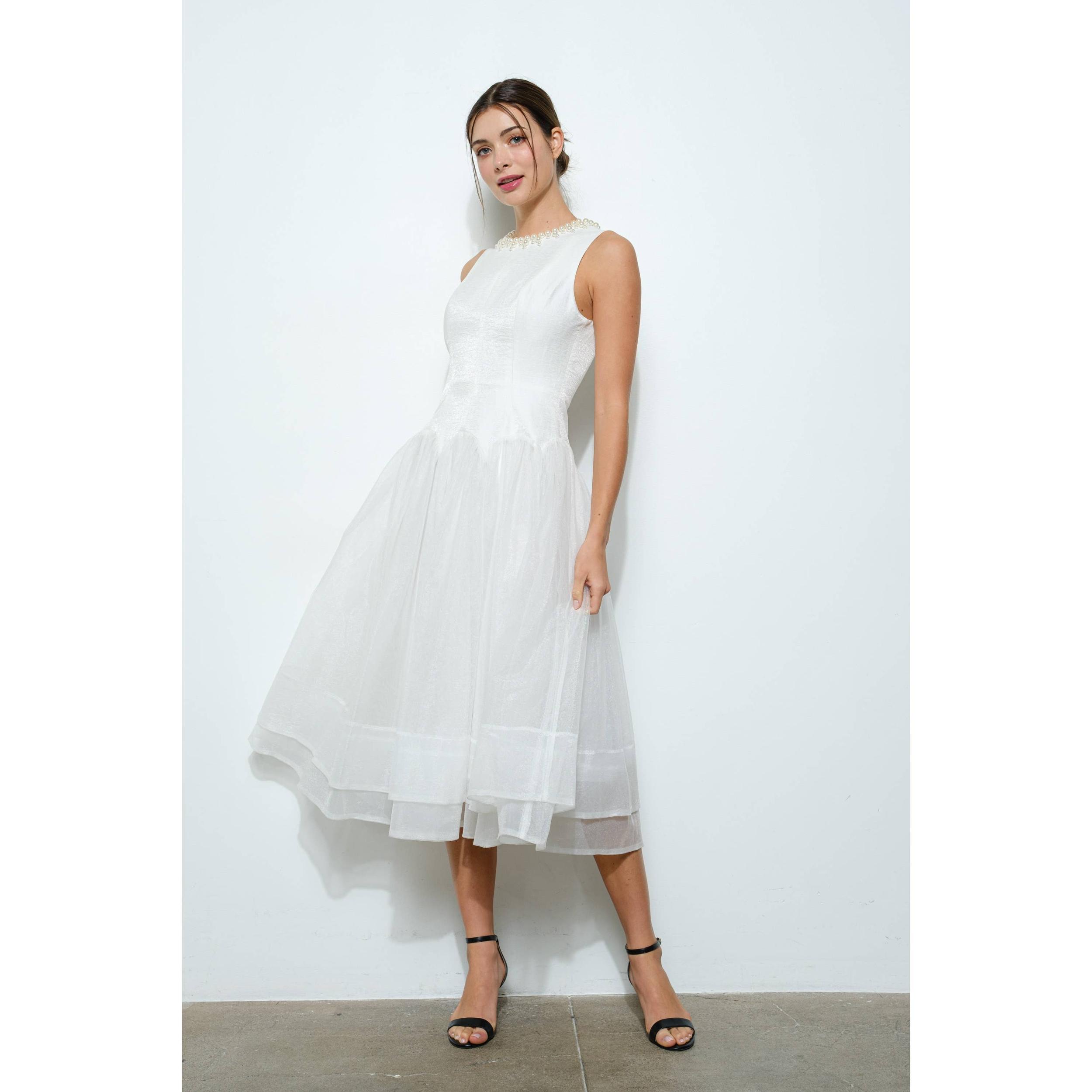 Pearl Embellished Tulle Midi Dress Product Image