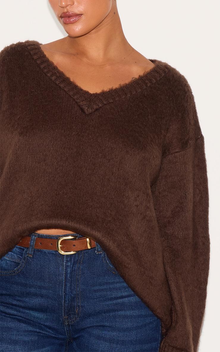 Plus Chocolate Slouchy V Neck Eyelash Knit Sweater Product Image