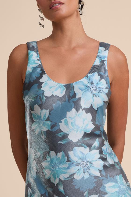 Romantic Whims Blue Floral Print Organza Sleeveless Slip Dress Product Image