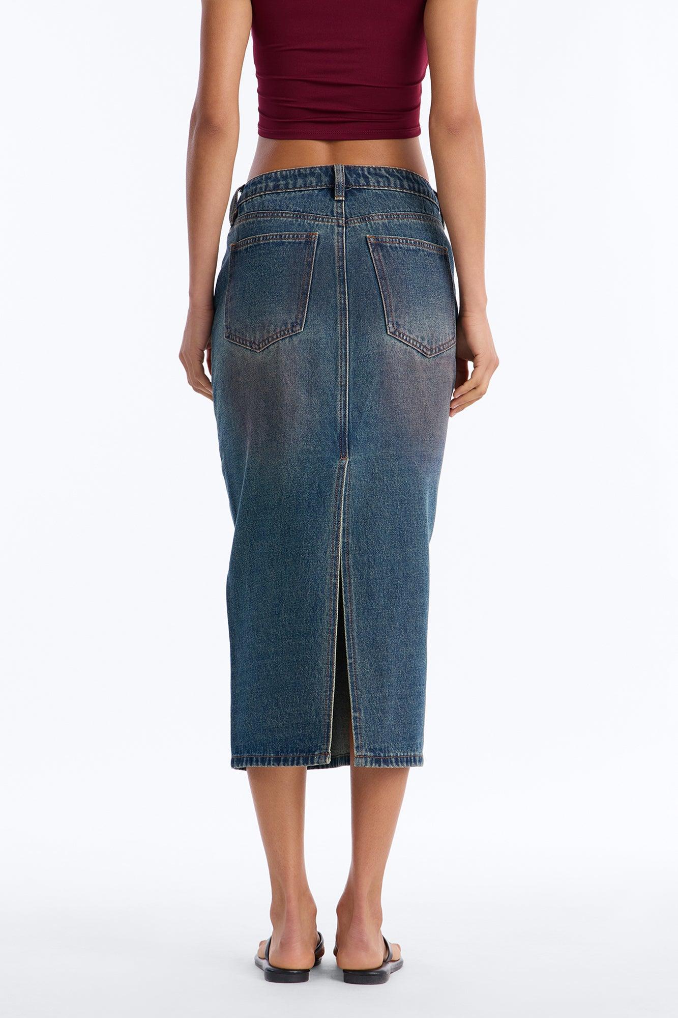 Adri Pink Tinted High Slit Denim Maxi Skirt - Vintage Wash Female Product Image
