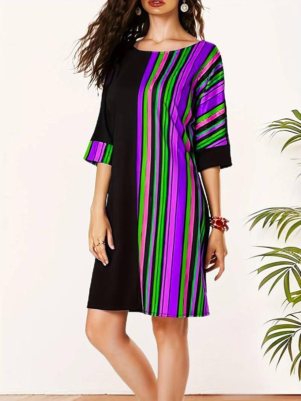 A-Line Half Sleeves Asymmetric Contrast Color Striped Round-Neck Mini Dresses Product Image