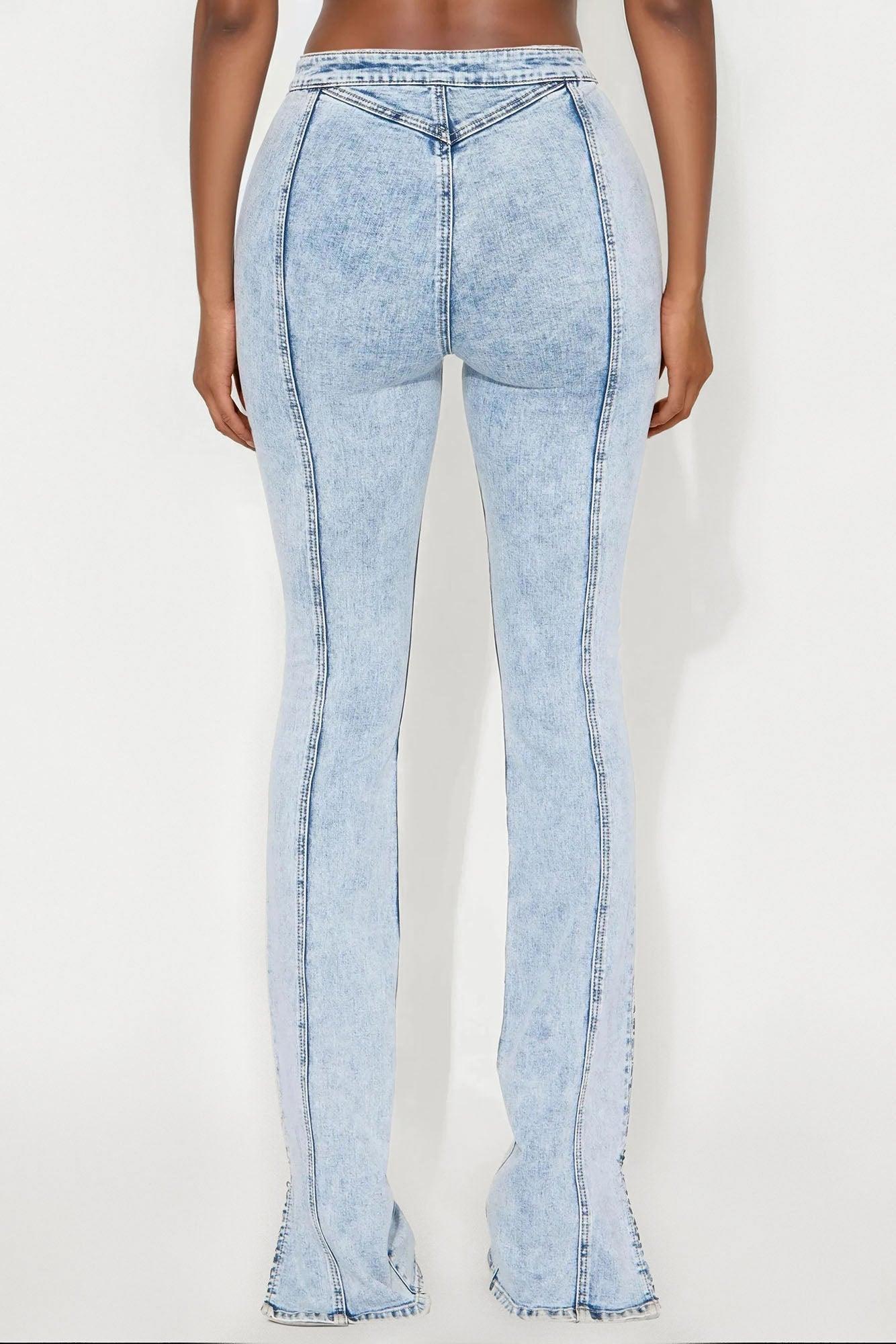 Tall Side Slit Stretch Slim Bootcut Jeans - Acid Wash Denim Female Product Image