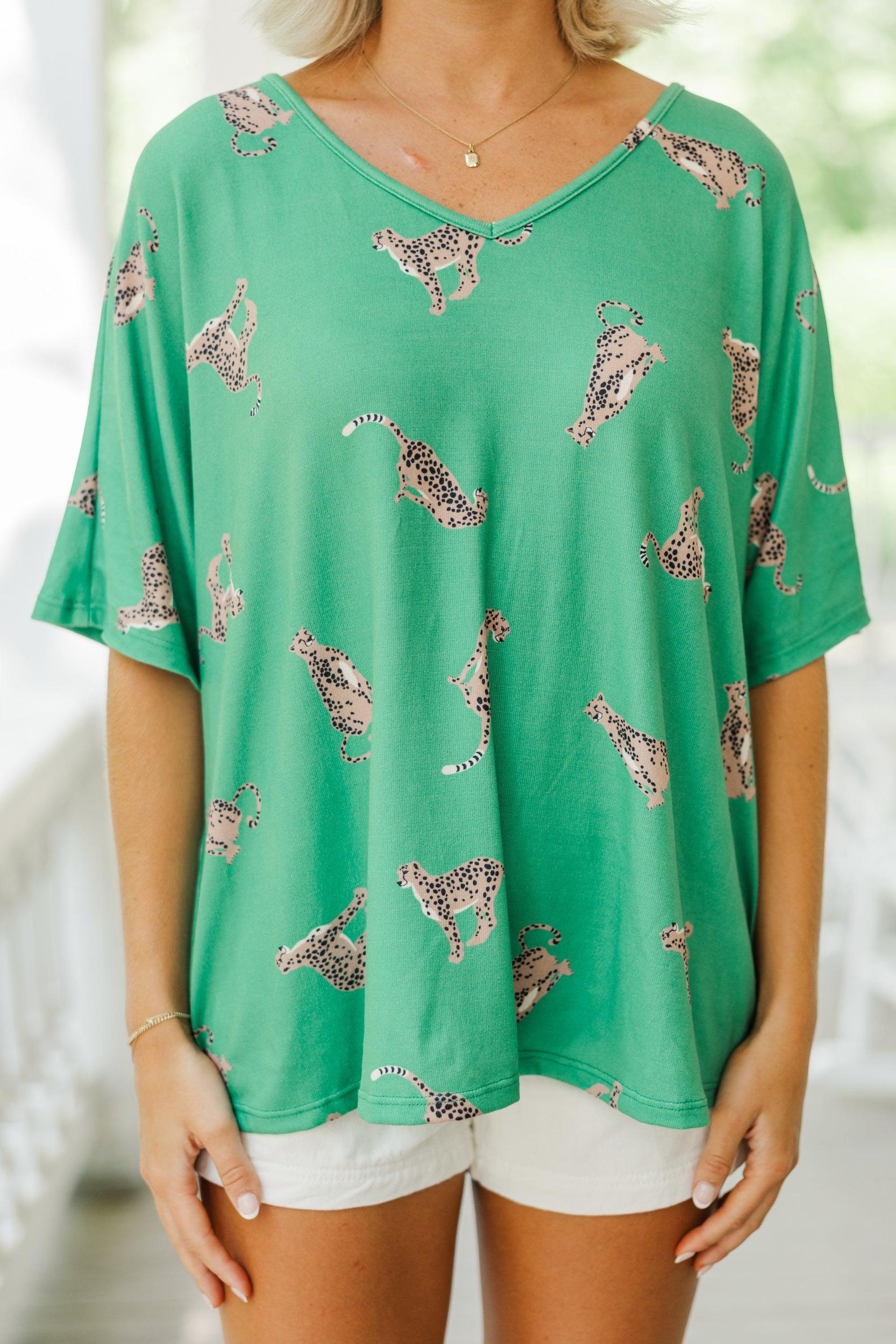 Take The Lead Kelly Green Cheetah Top Female Product Image