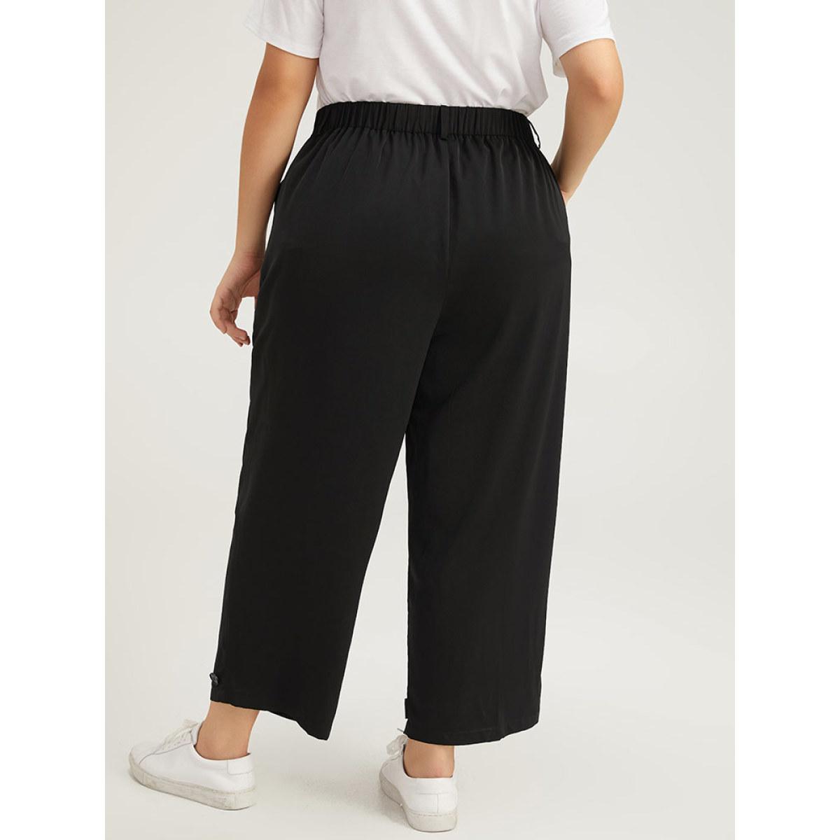 Plus Size Solid Pocket Button Up Straight Leg Pants Women Black Casual Straight Leg High Rise Dailywear Pants BloomChic 22-24/3X Product Image