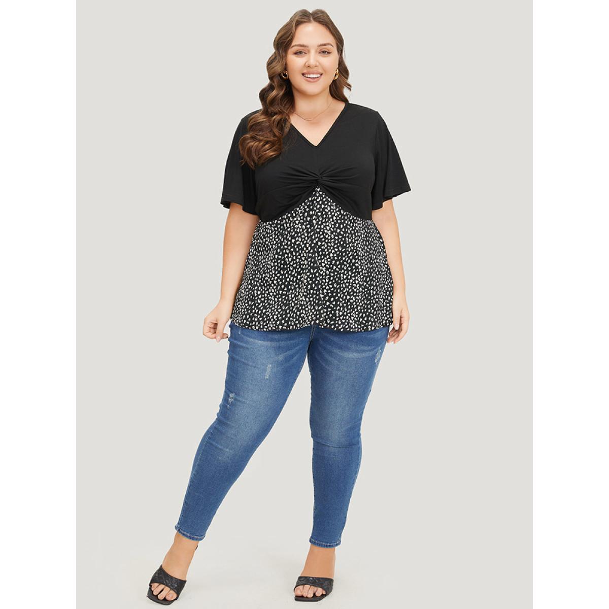 Plus Size Black Leopard Patchwork Twist Ruffle Sleeve Blouse Women Elegant Short sleeve V-neck Dailywear Blouses BloomChic 26/4X Product Image